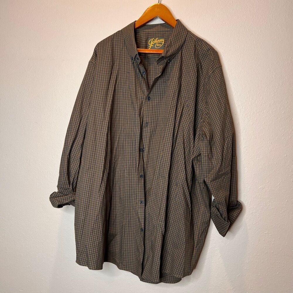 Johnny Bigg long-sleeve button-up shirt featuring a fine brown and navy checked
